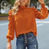 Elegant Bow Puff Long Sleeve Blouse Women Tops Casual Loose Turtleneck Shirt 2023 Spring Autumn Orange Clothes Blusa Mujer 22555