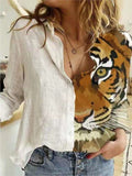 Blouse Women Tiger Print Shirt Loose Lapel Button Long Sleeve Office Lady Blouse Leisure Streetwear Tops Рубашка Женская