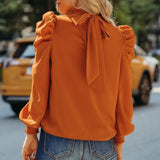 Elegant Bow Puff Long Sleeve Blouse Women Tops Casual Loose Turtleneck Shirt 2023 Spring Autumn Orange Clothes Blusa Mujer 22555