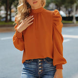 Elegant Bow Puff Long Sleeve Blouse Women Tops Casual Loose Turtleneck Shirt 2023 Spring Autumn Orange Clothes Blusa Mujer 22555